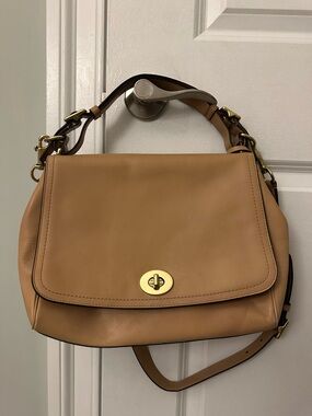 Vintage Coach Tan Leather Flap Shoulder Bag with Gold Hardware